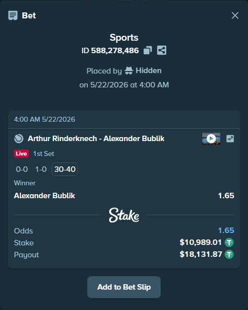 Bet slip: Arthur Rinderknech - Alexander Bublik, $11,000.00 stake at 1.65 odds, placed by Hidden