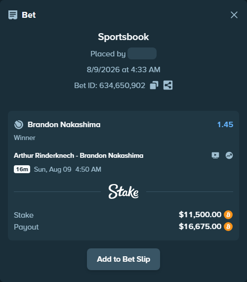 Bet slip: Arthur Rinderknech - Brandon Nakashima, $11,463.48 stake at 1.45 odds, placed by Dzokoichoi