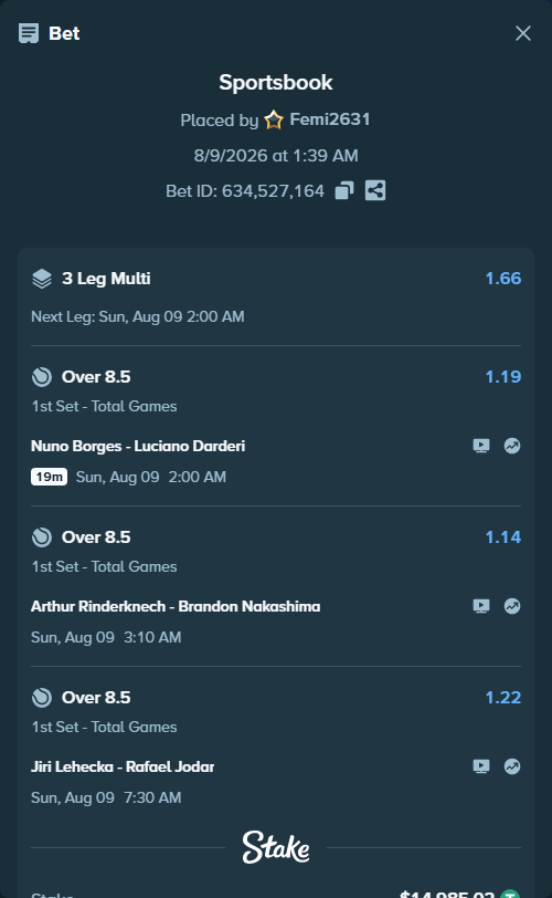Bet slip: Arthur Rinderknech - Brandon Nakashima, $15,000.00 stake at 1.14 odds, placed by Femi2631