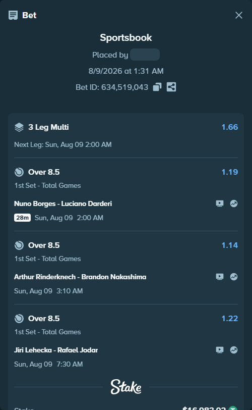 Bet slip: Arthur Rinderknech - Brandon Nakashima, $17,000.00 stake at 1.14 odds, placed by nPain