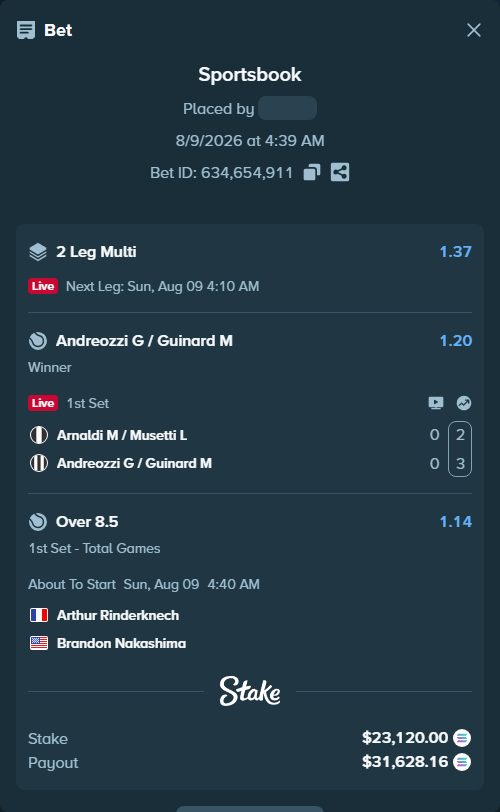 Bet slip: Arthur Rinderknech - Brandon Nakashima, $23,146.28 stake at 1.14 odds, placed by HOPLAND4