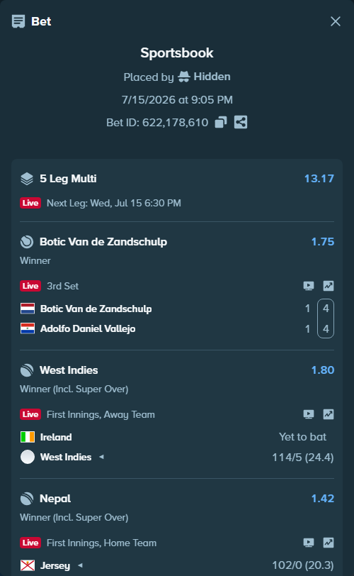 Bet slip: Arthur Rinderknech - Clement Tabur, $10,000.00 stake at 1.55 odds, placed by Hidden