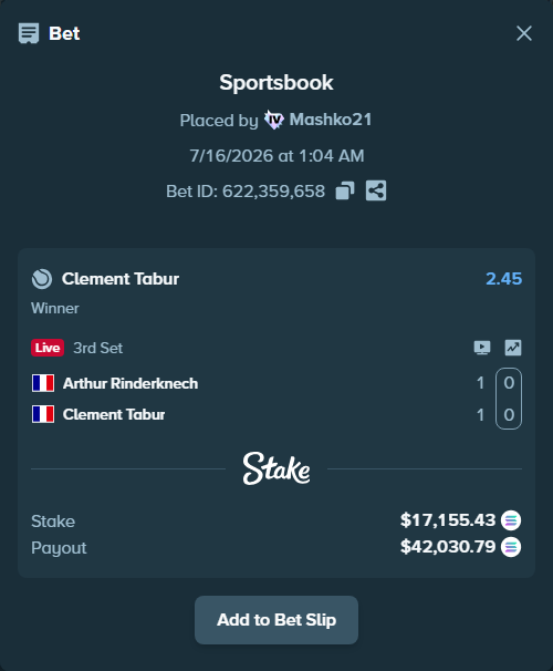 Bet slip: Arthur Rinderknech - Clement Tabur, $16,019.90 stake at 2.45 odds, placed by Mashko21