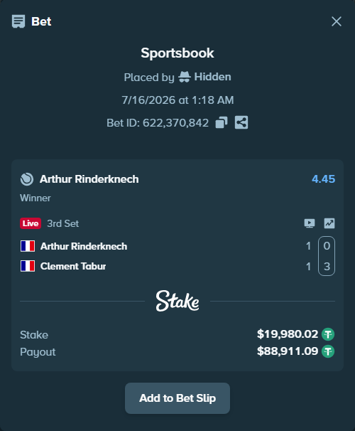 Bet slip: Arthur Rinderknech - Clement Tabur, $20,000.00 stake at 4.45 odds, placed by Hidden