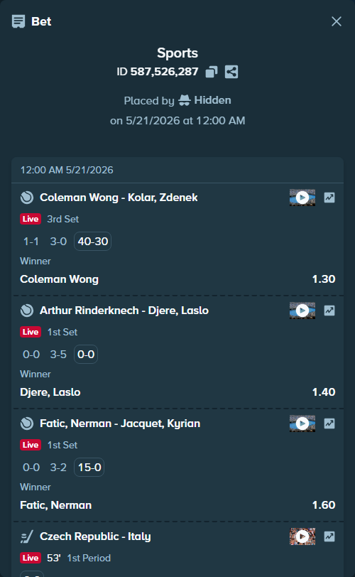 Bet slip: Arthur Rinderknech - Djere, Laslo, $10,000.00 stake at 1.40 odds, placed by Hidden