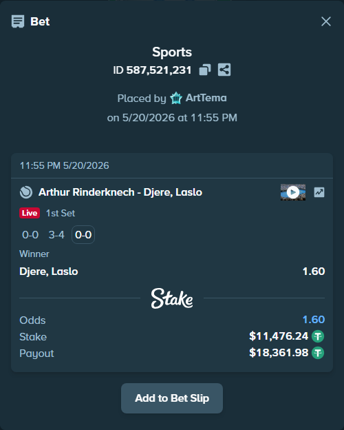 Bet slip: Arthur Rinderknech - Djere, Laslo, $11,487.71 stake at 1.60 odds, placed by ArtTema