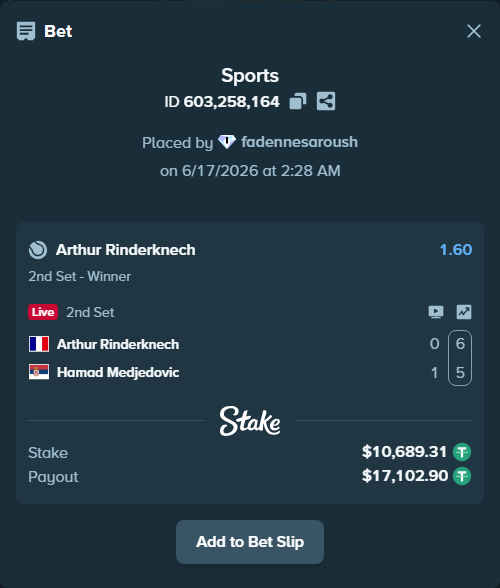 Bet slip: Arthur Rinderknech - Hamad Medjedovic, $10,700.00 stake at 1.60 odds, placed by fadennesaroush