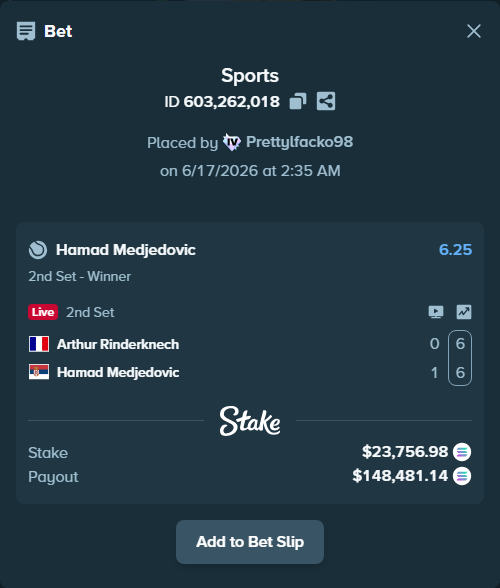 Bet slip: Arthur Rinderknech - Hamad Medjedovic, $23,629.17 stake at 6.25 odds, placed by Prettylfacko98