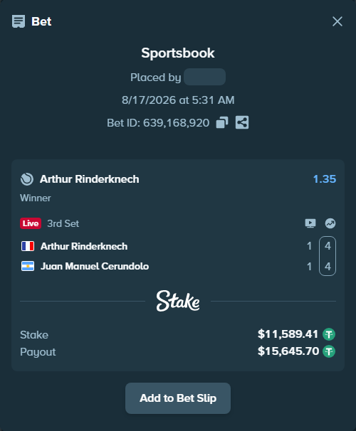 Bet slip: Arthur Rinderknech - Juan Manuel Cerundolo, $11,601.00 stake at 1.35 odds, placed by Mopsik33