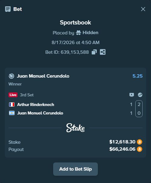 Bet slip: Arthur Rinderknech - Juan Manuel Cerundolo, $12,647.20 stake at 5.25 odds, placed by Hidden