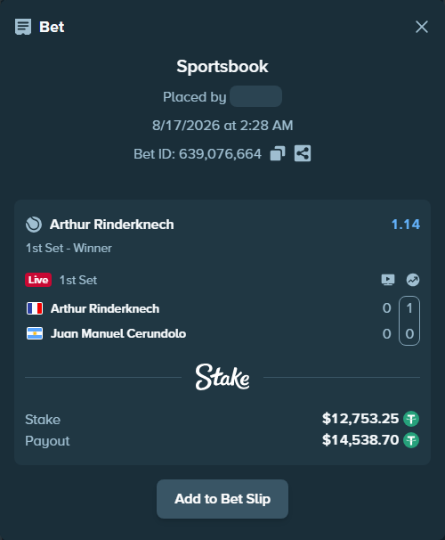 Bet slip: Arthur Rinderknech - Juan Manuel Cerundolo, $12,766.00 stake at 1.14 odds, placed by Mopsik33
