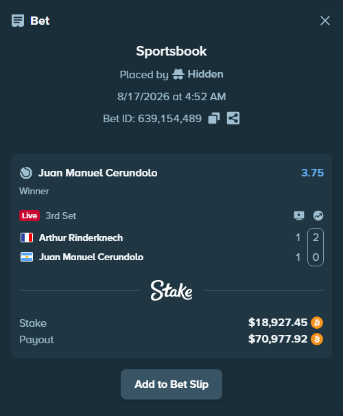 Bet slip: Arthur Rinderknech - Juan Manuel Cerundolo, $18,915.90 stake at 3.75 odds, placed by Hidden
