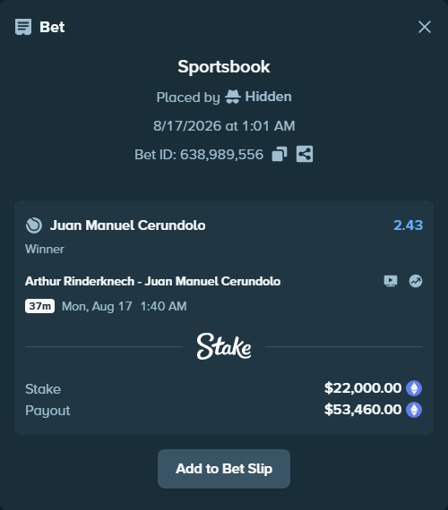 Bet slip: Arthur Rinderknech - Juan Manuel Cerundolo, $21,888.42 stake at 2.43 odds, placed by Hidden