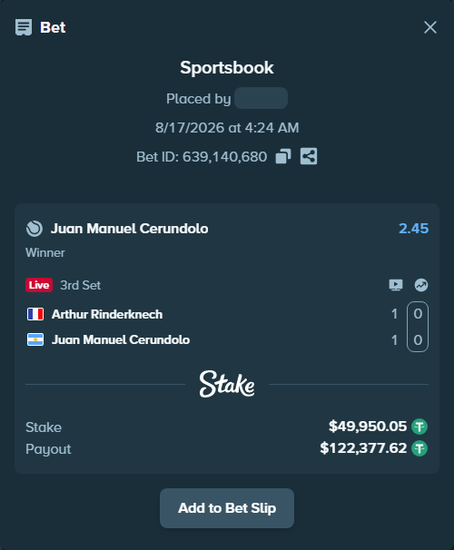 Bet slip: Arthur Rinderknech - Juan Manuel Cerundolo, $50,000.00 stake at 2.45 odds, placed by ayoflasher