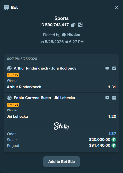Bet slip: Arthur Rinderknech - Jurji Rodionov, $20,000.00 stake at 1.31 odds, placed by Hidden