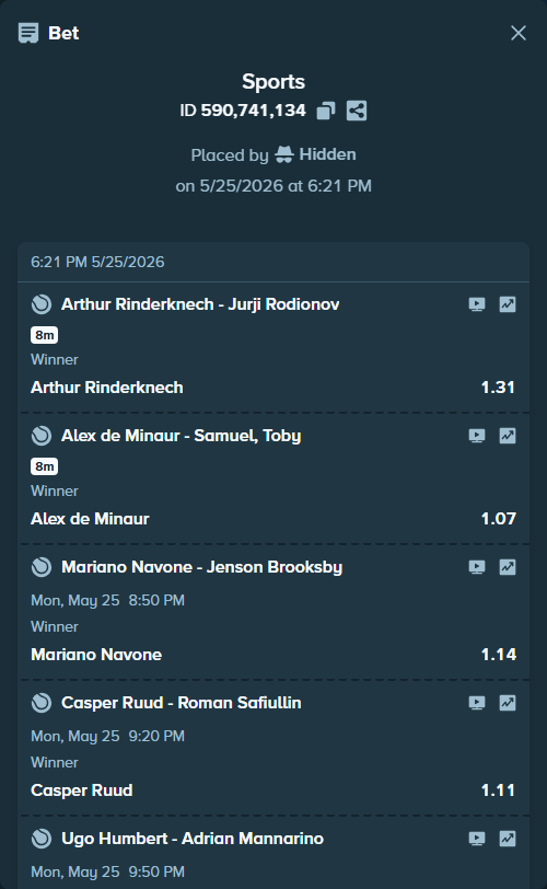Bet slip: Arthur Rinderknech - Jurji Rodionov, $20,931.51 stake at 1.31 odds, placed by Hidden