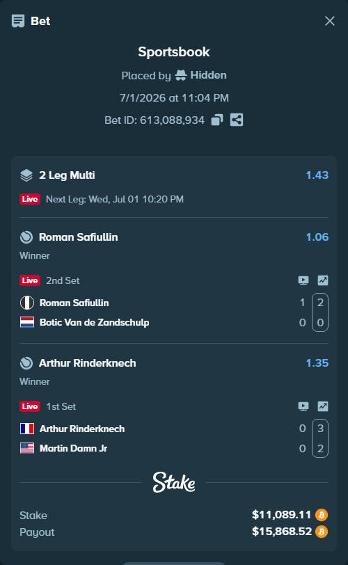 Bet slip: Arthur Rinderknech - Martin Damn Jr, $11,863.61 stake at 1.35 odds, placed by Hidden
