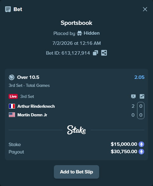 Bet slip: Arthur Rinderknech - Martin Damn Jr, $16,746.38 stake at 2.05 odds, placed by Hidden