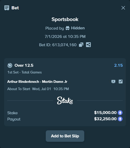Bet slip: Arthur Rinderknech - Martin Damn Jr, $17,138.08 stake at 2.15 odds, placed by Hidden