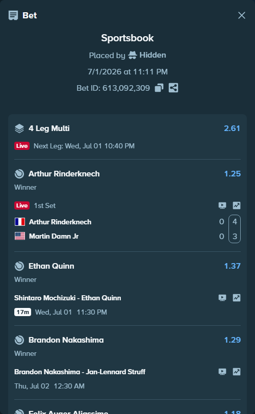 Bet slip: Arthur Rinderknech - Martin Damn Jr, $37,442.13 stake at 1.25 odds, placed by Hidden