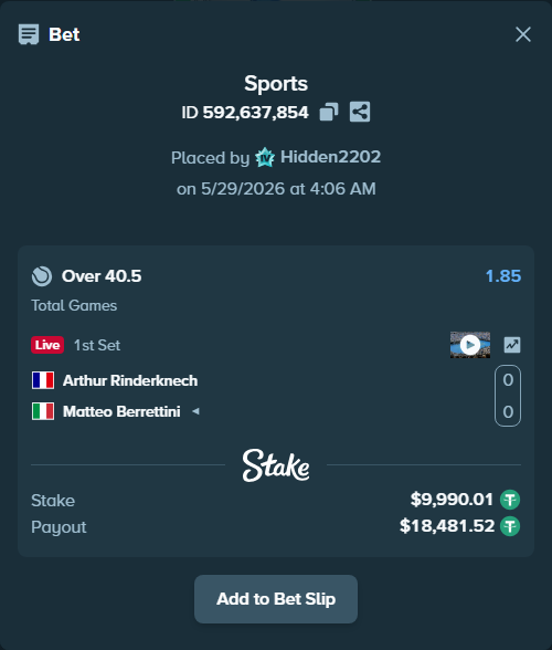 Bet slip: Arthur Rinderknech - Matteo Berrettini, $10,000.00 stake at 1.85 odds, placed by Hidden2202