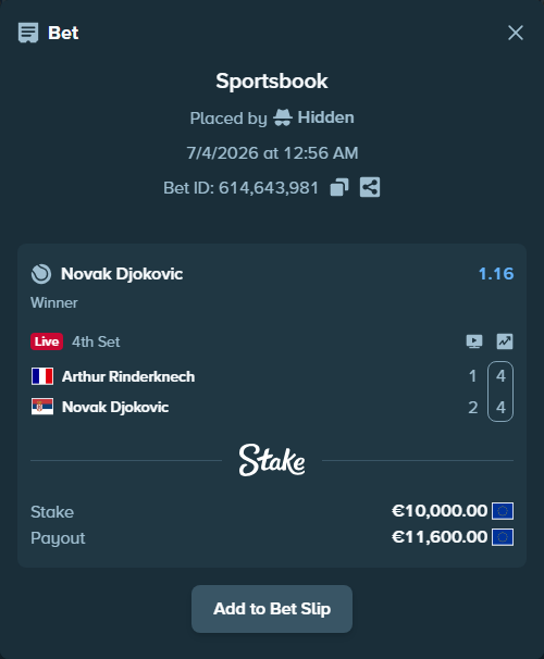 Bet slip: Arthur Rinderknech - Novak Djokovic, $10,800.00 stake at 1.16 odds, placed by Hidden