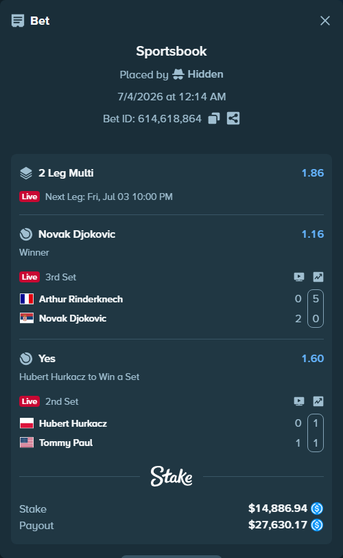 Bet slip: Arthur Rinderknech - Novak Djokovic, $14,886.94 stake at 1.16 odds, placed by Hidden