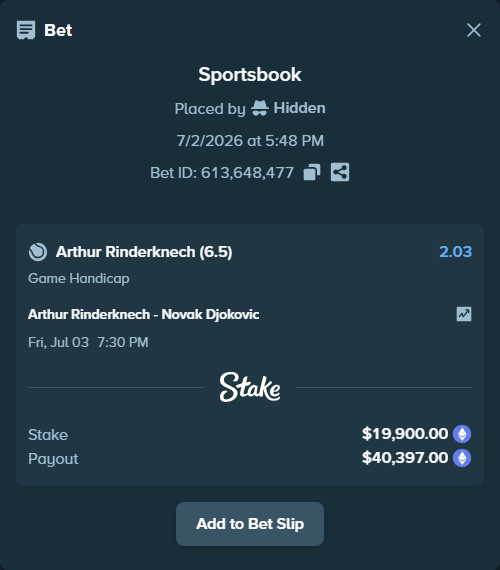 Bet slip: Arthur Rinderknech - Novak Djokovic, $22,079.45 stake at 2.03 odds, placed by Hidden