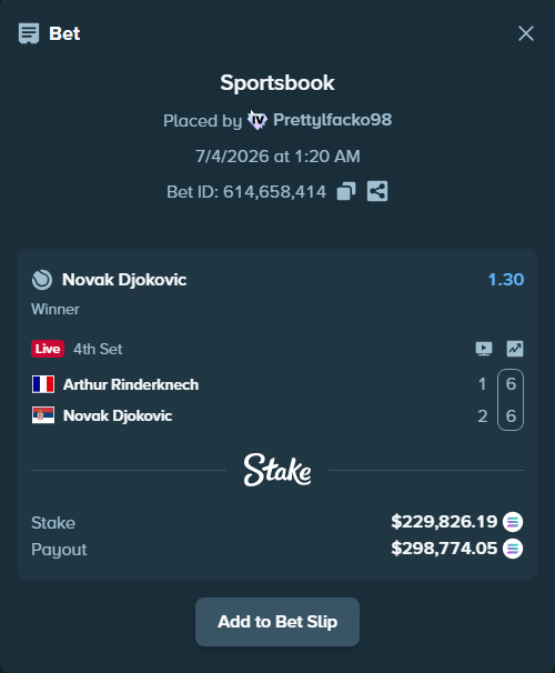 Bet slip: Arthur Rinderknech - Novak Djokovic, $231,075.35 stake at 1.30 odds, placed by Prettylfacko98