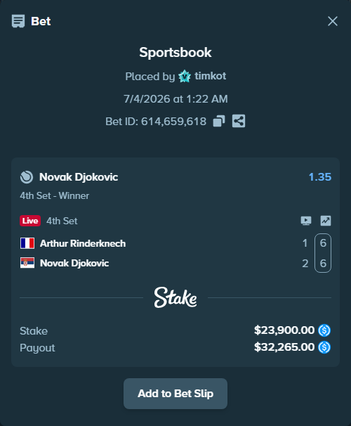 Bet slip: Arthur Rinderknech - Novak Djokovic, $23,900.00 stake at 1.35 odds, placed by timkot