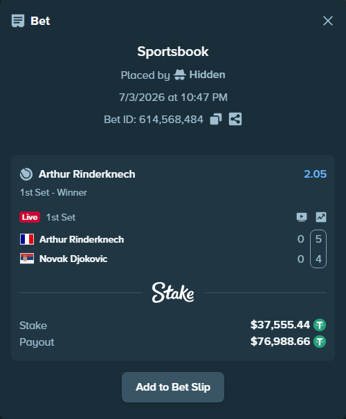 Bet slip: Arthur Rinderknech - Novak Djokovic, $37,593.00 stake at 2.05 odds, placed by Hidden