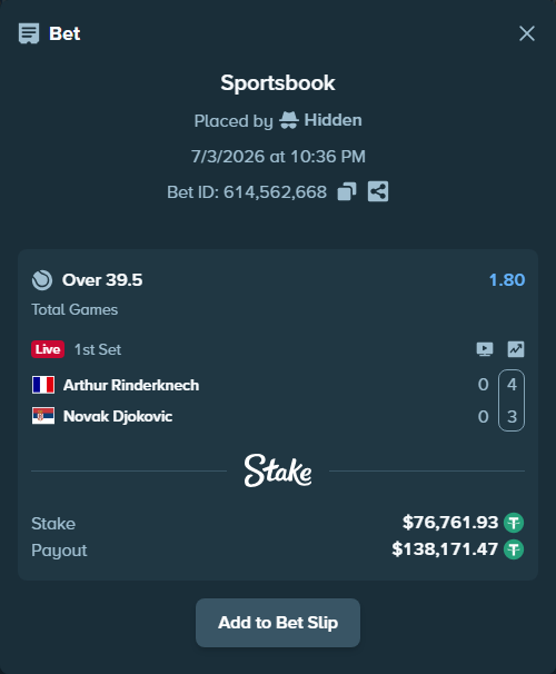 Bet slip: Arthur Rinderknech - Novak Djokovic, $76,838.69 stake at 1.80 odds, placed by Hidden