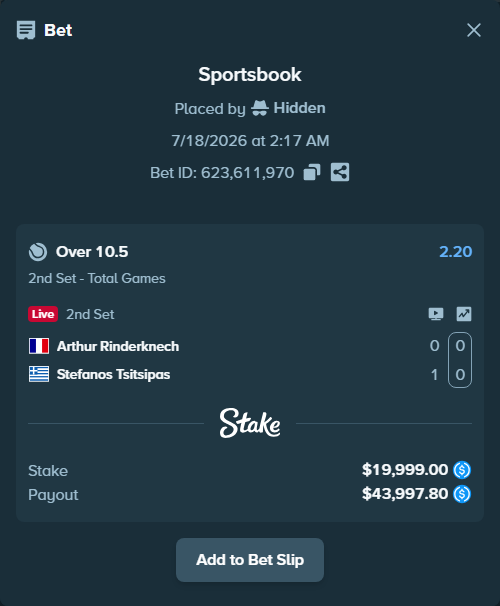 Bet slip: Arthur Rinderknech - Stefanos Tsitsipas, $19,999.00 stake at 2.20 odds, placed by Hidden