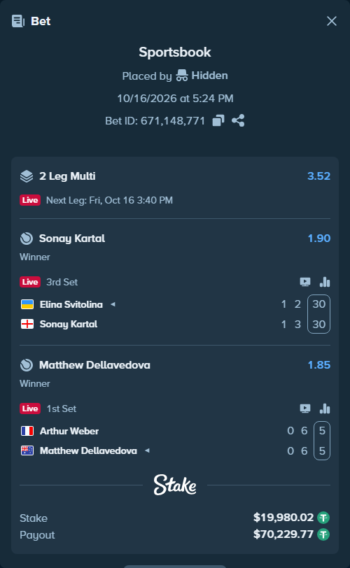 Bet slip: Arthur Weber - Matthew Dellavedova, $20,000.00 stake at 1.85 odds, placed by Hidden
