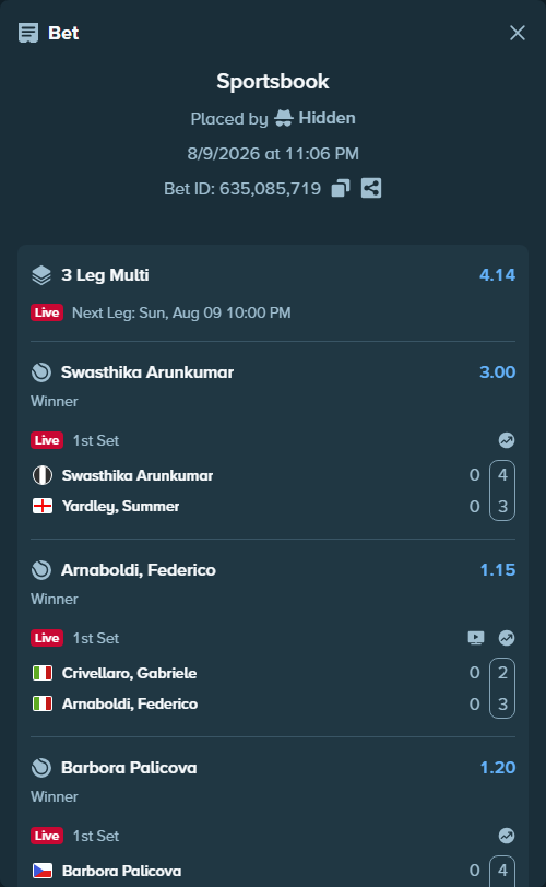 Bet slip: Arunkumar, Swasthika - Yardley, Summer, $10,000.00 stake at 3.00 odds, placed by Hidden
