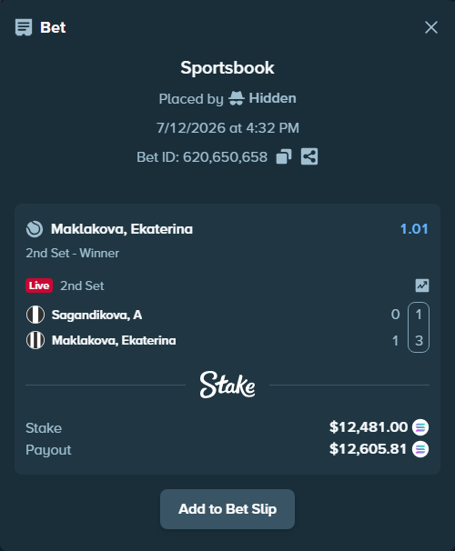 Bet slip: Aruzhan Sagandykova - Maklakova, Ekaterina, $11,899.77 stake at 1.01 odds, placed by Hidden