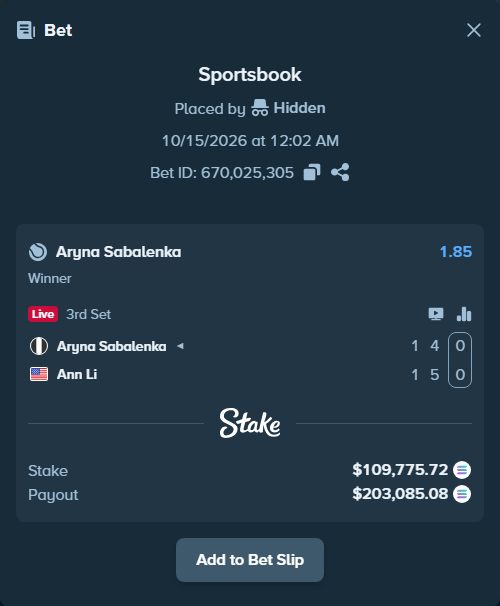Bet slip: Aryna Sabalenka - Ann Li, $108,913.43 stake at 1.85 odds, placed by Prettylfacko98
