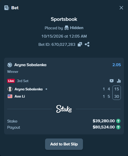 Bet slip: Aryna Sabalenka - Ann Li, $39,319.28 stake at 2.05 odds, placed by Hidden
