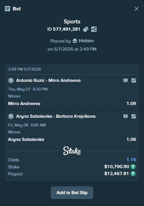 Bet slip: Aryna Sabalenka - Barbora Krejcikova, $10,790.90 stake at 1.06 odds, placed by Hidden