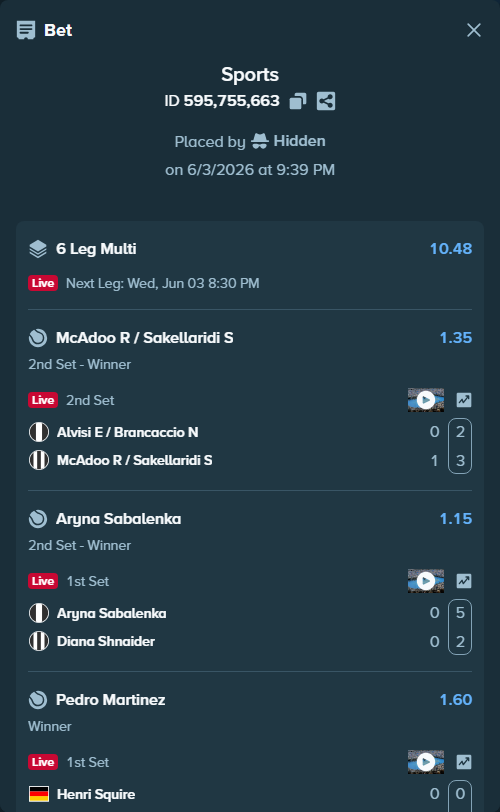 Bet slip: Aryna Sabalenka - Diana Shnaider, $10,010.00 stake at 1.15 odds, placed by Hidden