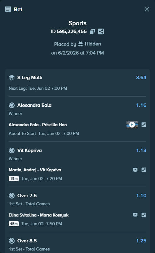 Bet slip: Aryna Sabalenka - Diana Shnaider, $125,000.00 stake at 1.13 odds, placed by Hidden
