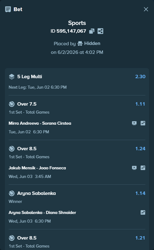 Bet slip: Aryna Sabalenka - Diana Shnaider, $16,393.77 stake at 1.14 odds, placed by Hidden