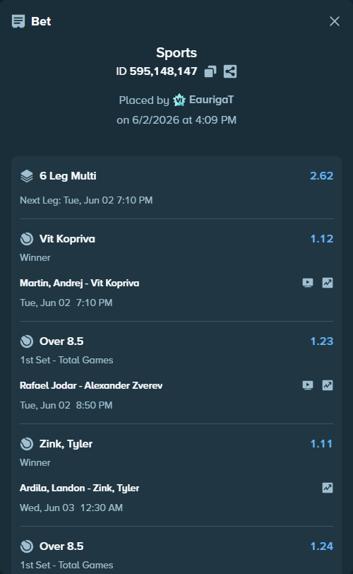 Bet slip: Aryna Sabalenka - Diana Shnaider, $32,990.71 stake at 1.14 odds, placed by EaurigaT
