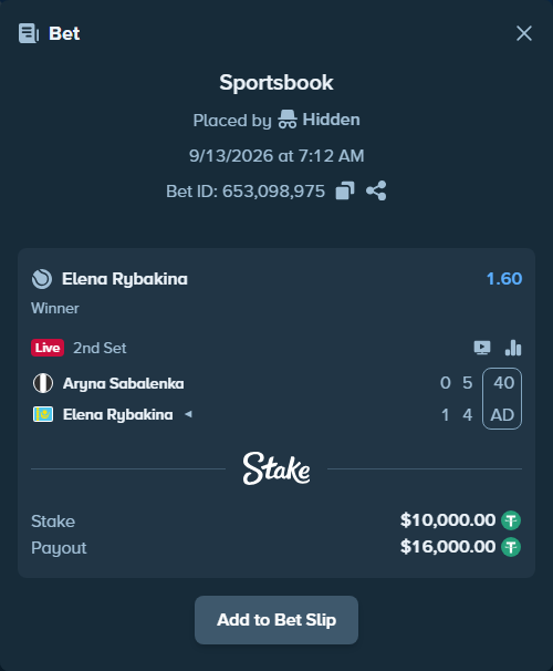 Bet slip: Aryna Sabalenka - Elena Rybakina, $10,000.00 stake at 1.60 odds, placed by Hidden