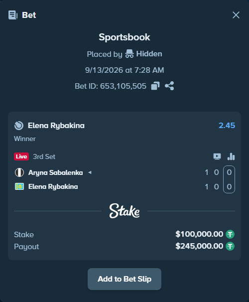 Bet slip: Aryna Sabalenka - Elena Rybakina, $100,000.00 stake at 2.45 odds, placed by Hidden