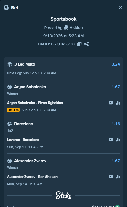Bet slip: Aryna Sabalenka - Elena Rybakina, $10,121.00 stake at 1.67 odds, placed by Hidden