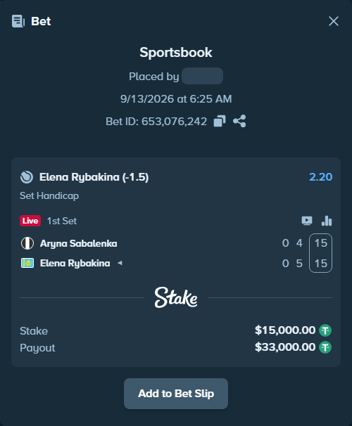 Bet slip: Aryna Sabalenka - Elena Rybakina, $15,000.00 stake at 2.20 odds, placed by AffiliateSquad