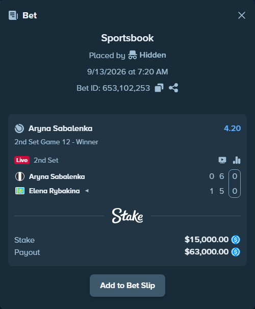 Bet slip: Aryna Sabalenka - Elena Rybakina, $15,000.00 stake at 4.20 odds, placed by Hidden