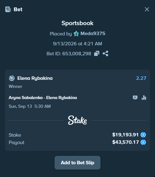 Bet slip: Aryna Sabalenka - Elena Rybakina, $19,193.91 stake at 2.27 odds, placed by Meda9375