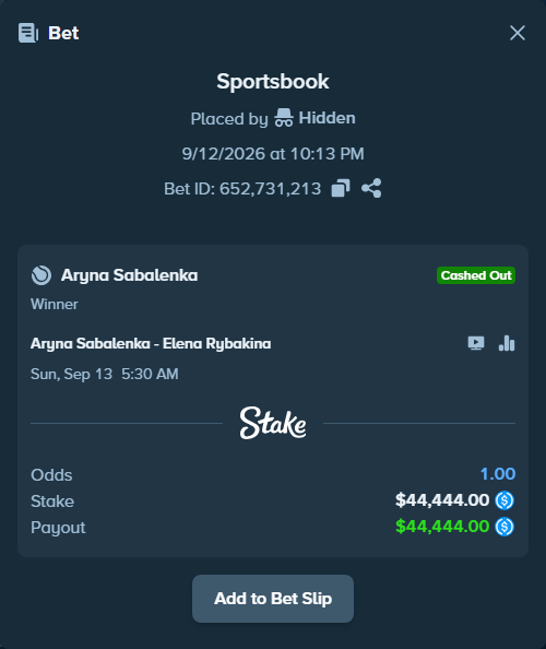 Bet slip: Aryna Sabalenka - Elena Rybakina, $44,444.00 stake at 1.70 odds, placed by Hidden